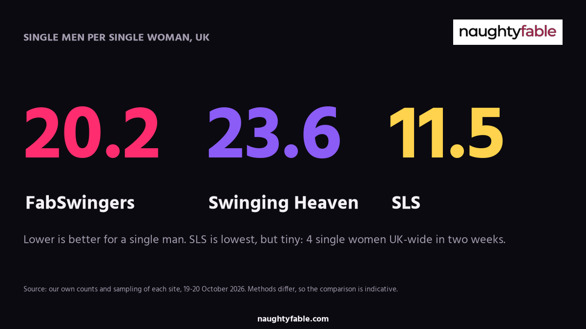 Dark infographic comparing single men per single woman: FabSwingers 20.2, Swinging Heaven 23.6, SLS 11.5, 19-20 October 2026