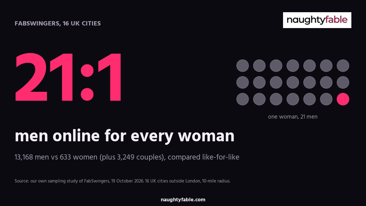 Dark infographic: 21 men online for every woman on FabSwingers across 16 UK cities, 19 October 2026